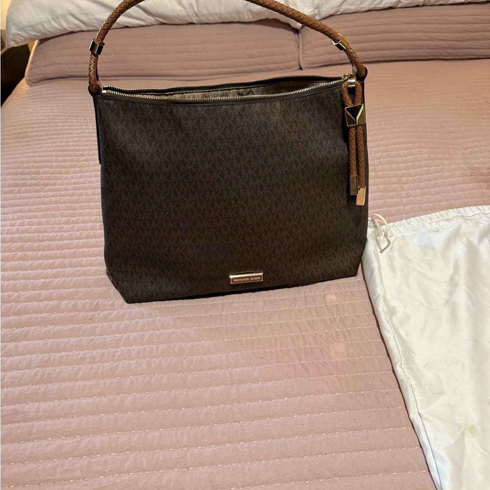 Michael Kors Black and Brown Logo Shoulder Bag with Gold Hardware w dustcover